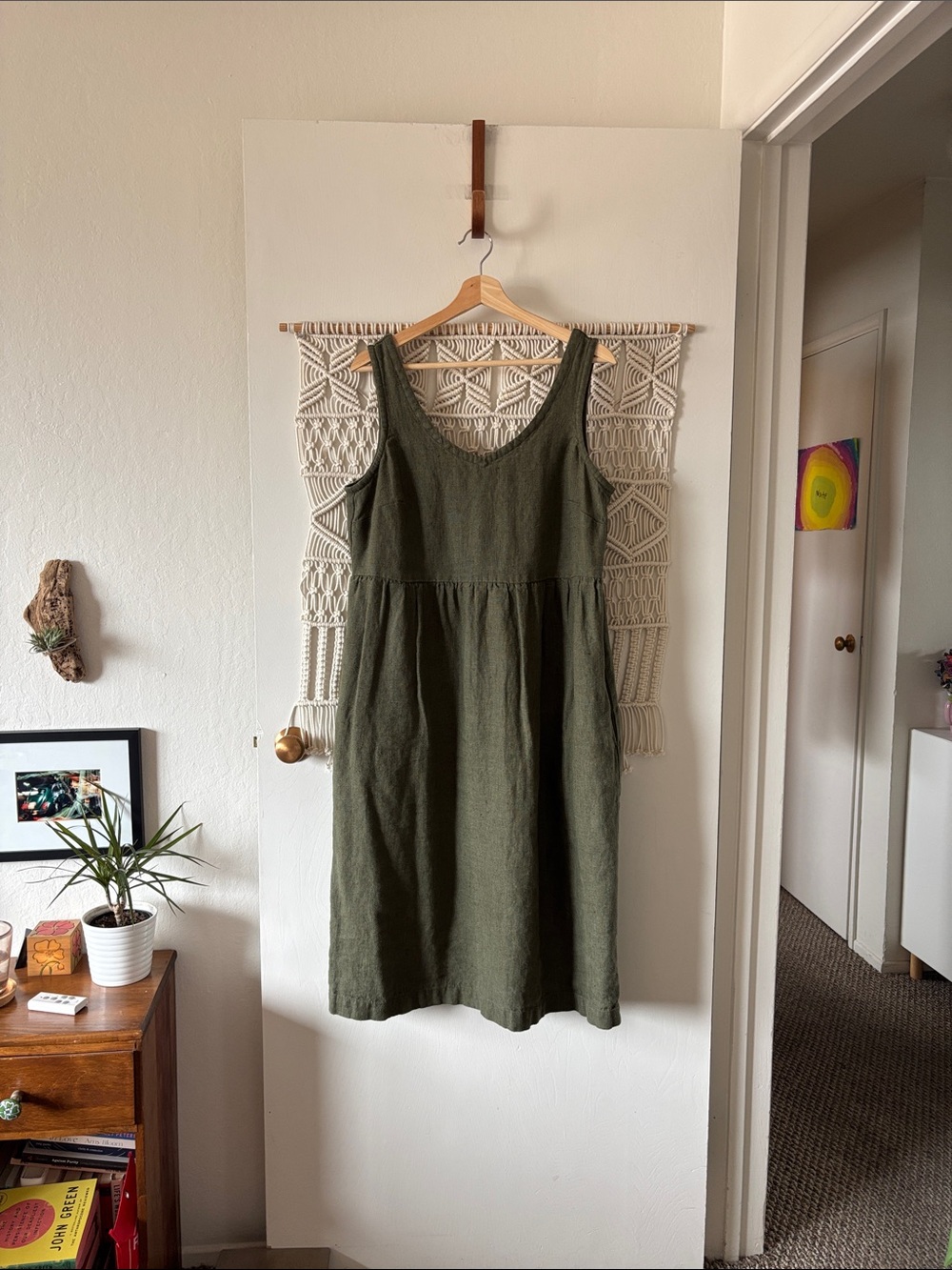NPL Austin jumper dress in heavyweight khaki linen M/L